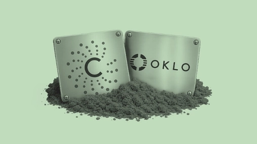 Two square metal plates with the Centrus and Oklo logos resting in grey powder on a green background