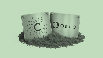 Two square metal plates with the Centrus and Oklo logos resting in grey powder on a green background